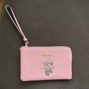 Coach Pink Minnie Mouse Wristlet Pouch with Gold Logo